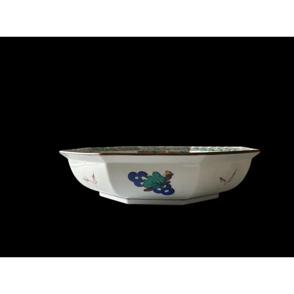 Kutani Ware Fuki Octagonal Dish Bowl Japanese Porcelain Vintage Bird Signed
